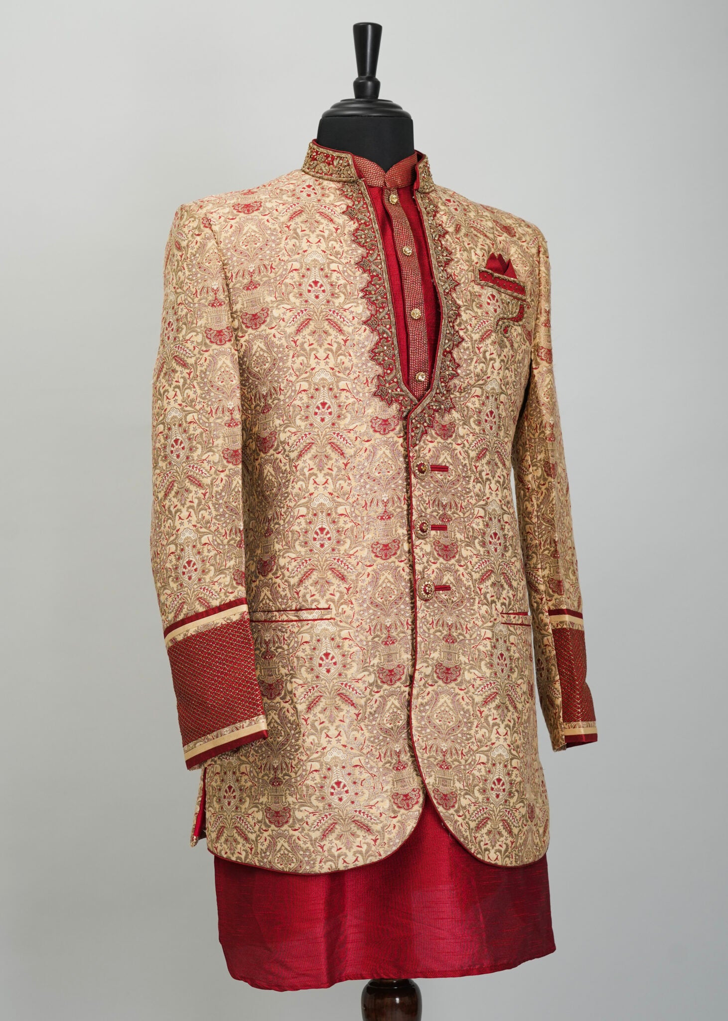 Metallic Gold And Crimson Ornamental Indowestern Suit