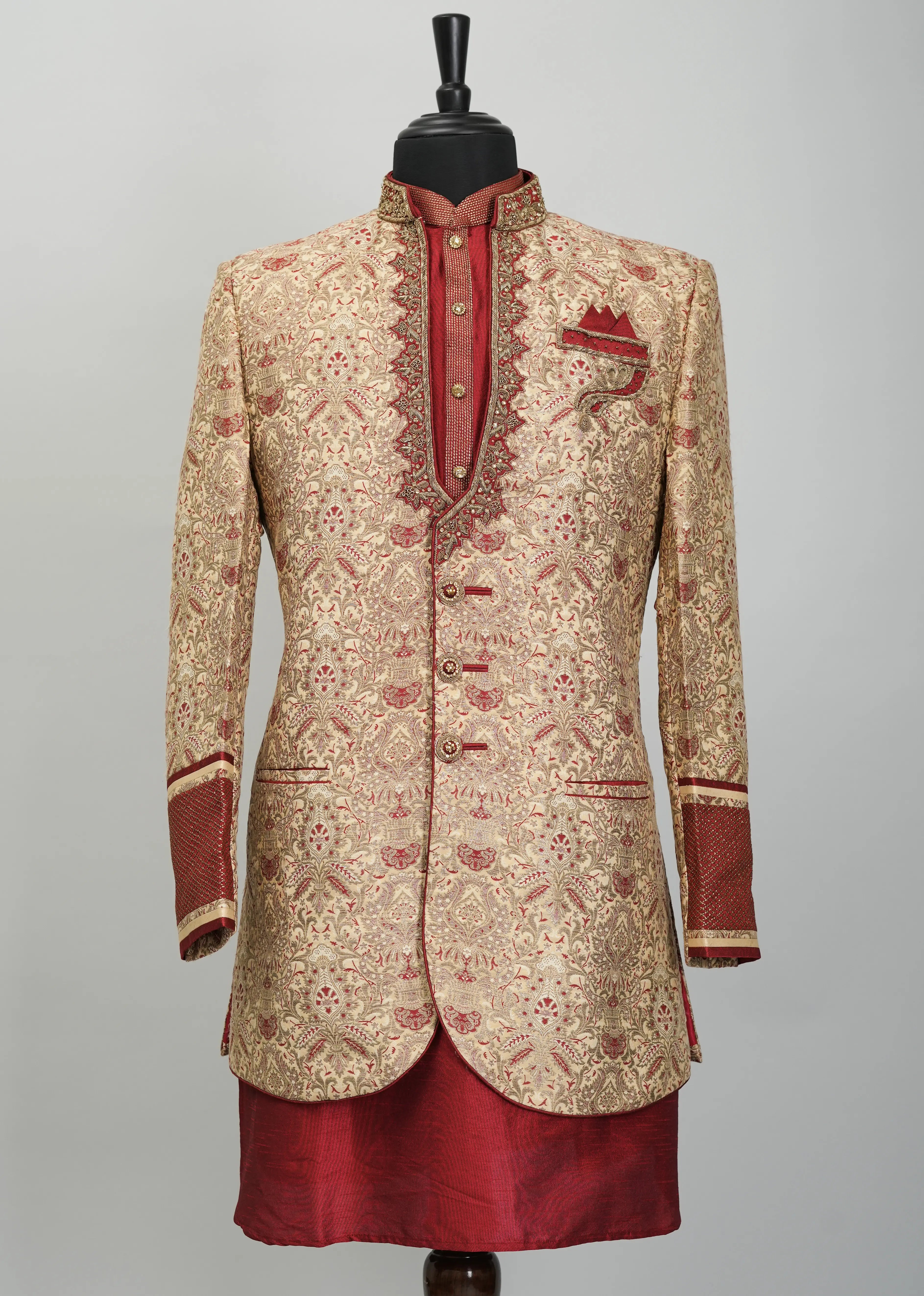Metallic Gold And Crimson Ornamental Indowestern Suit