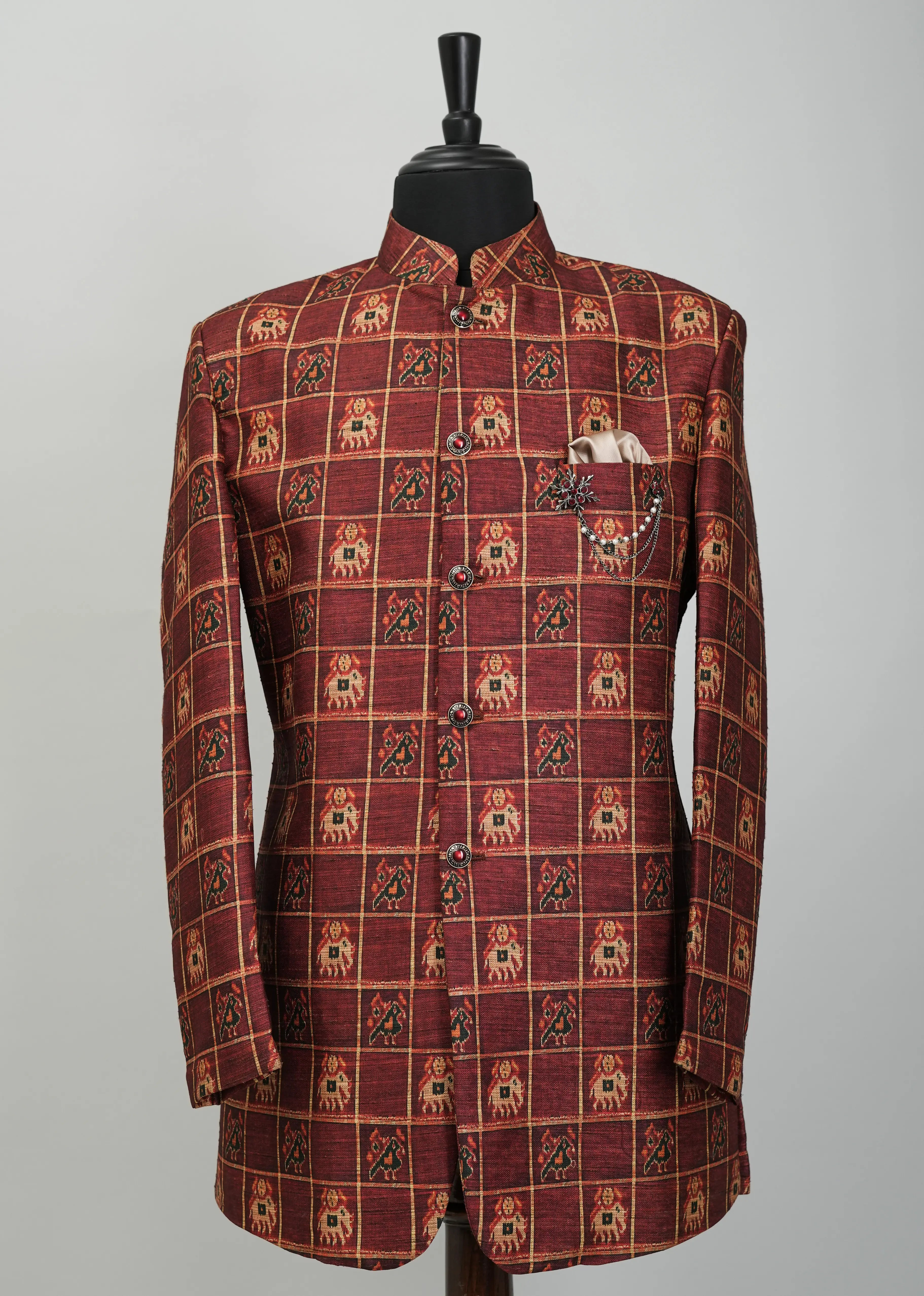 Crimson Checks Indowestern Suit