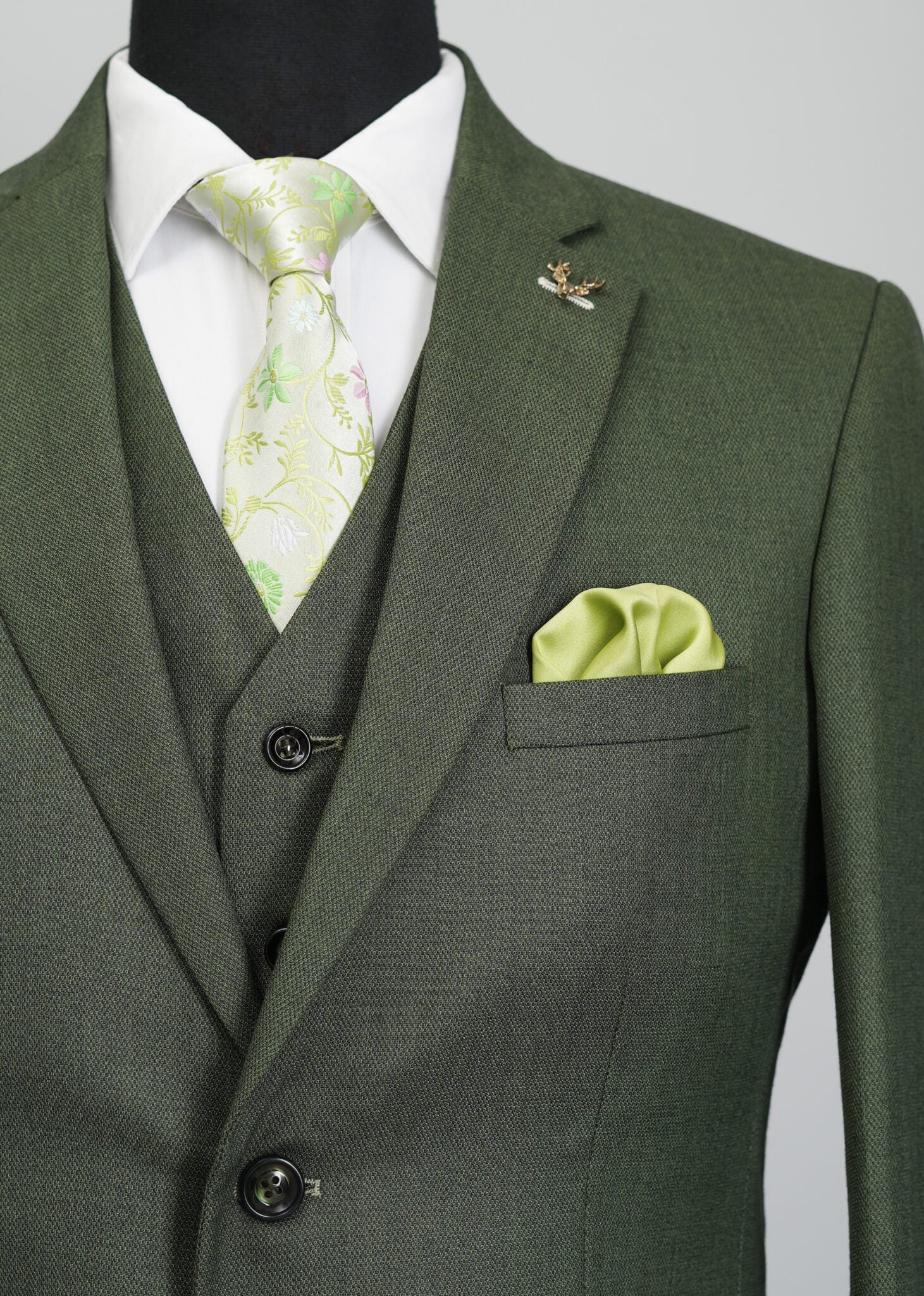 Olive Green Solid Plain 5 Piece Suit
