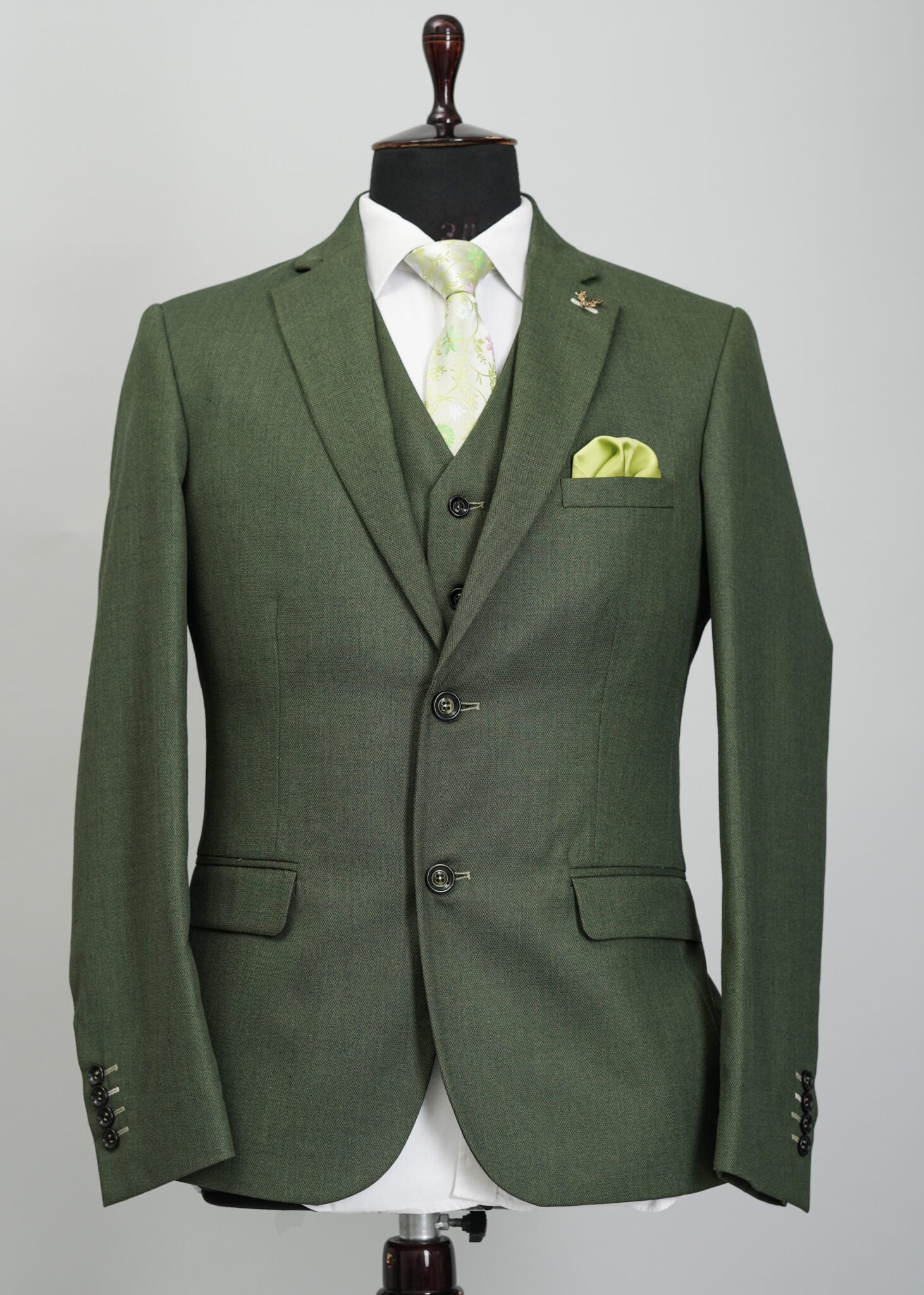 Olive Green Solid Plain 5 Piece Suit