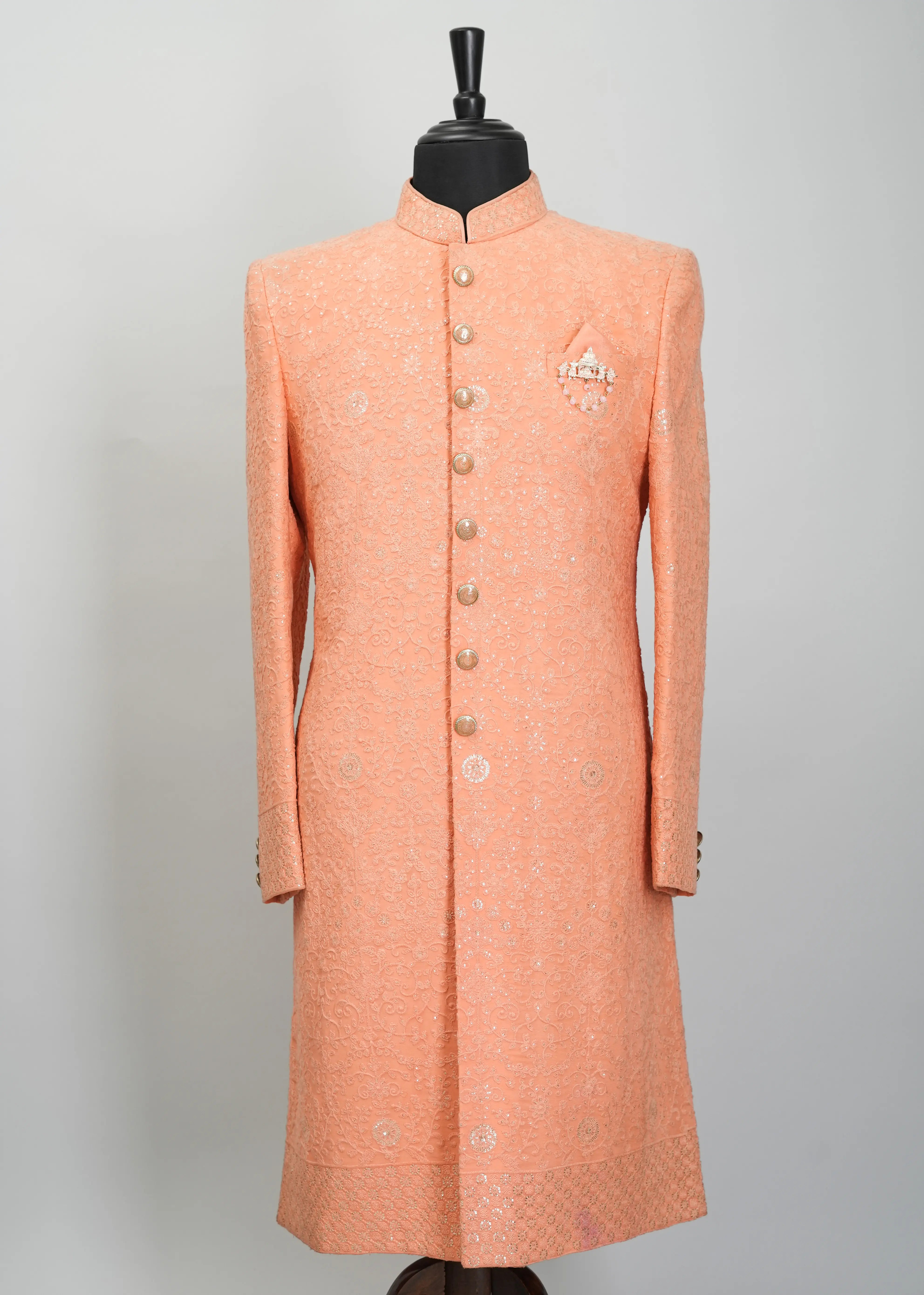 Deep Saffron Floral Embroidery Indowestern Suit