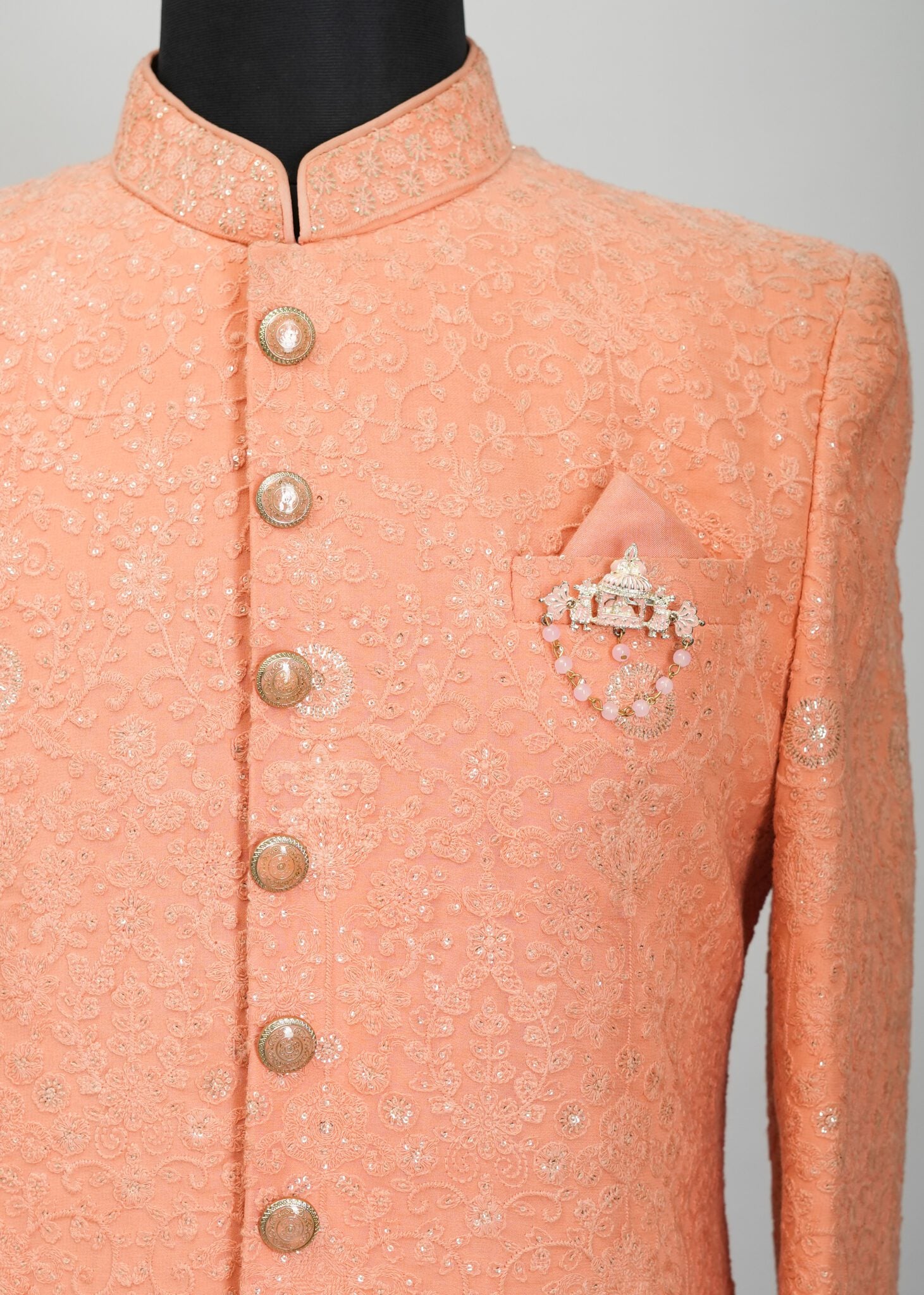 Deep Saffron Floral Embroidery Indowestern Suit
