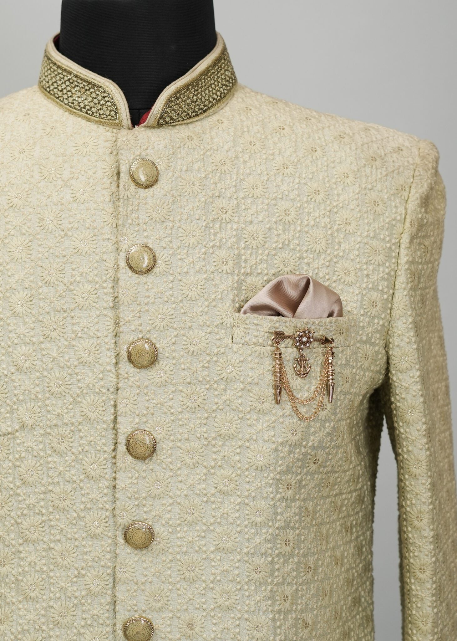 Pista Green Embroidery Indowestern Suit