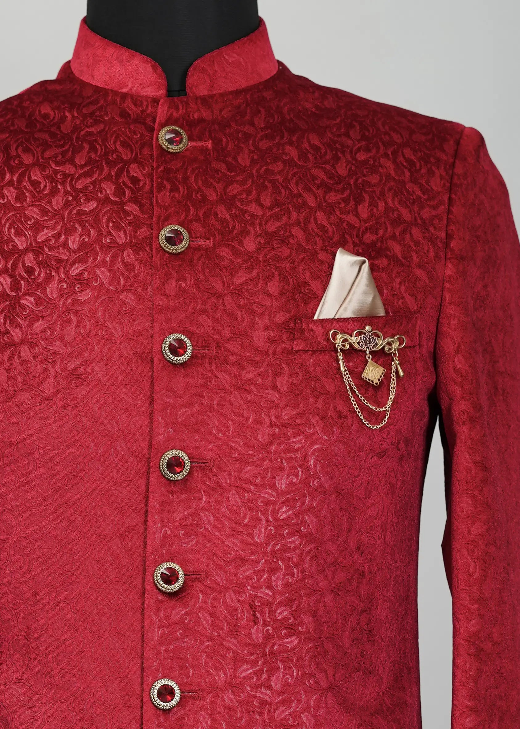 Crimson Solid Plain Indowestern Suit
