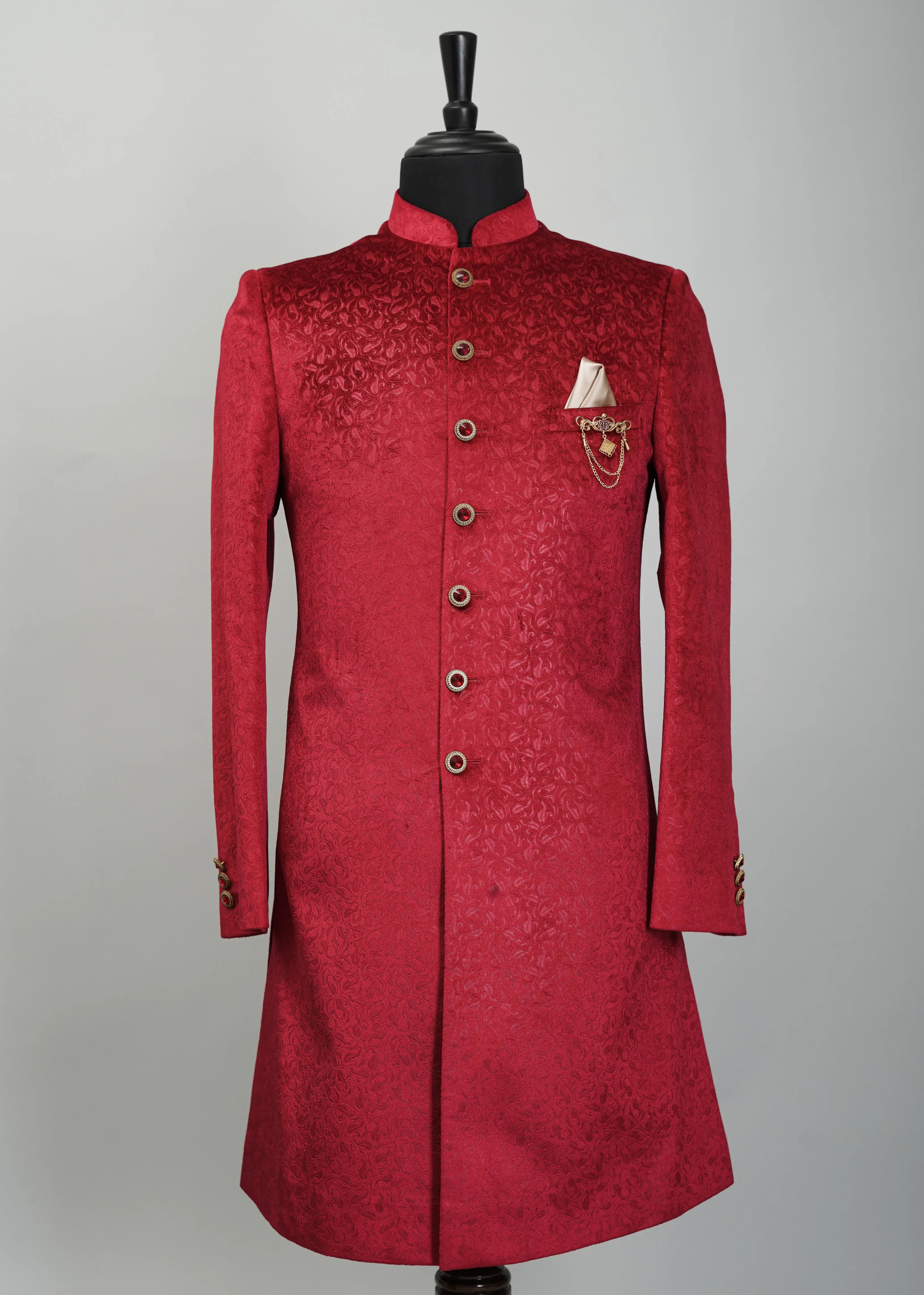 Crimson Solid Plain Indowestern Suit