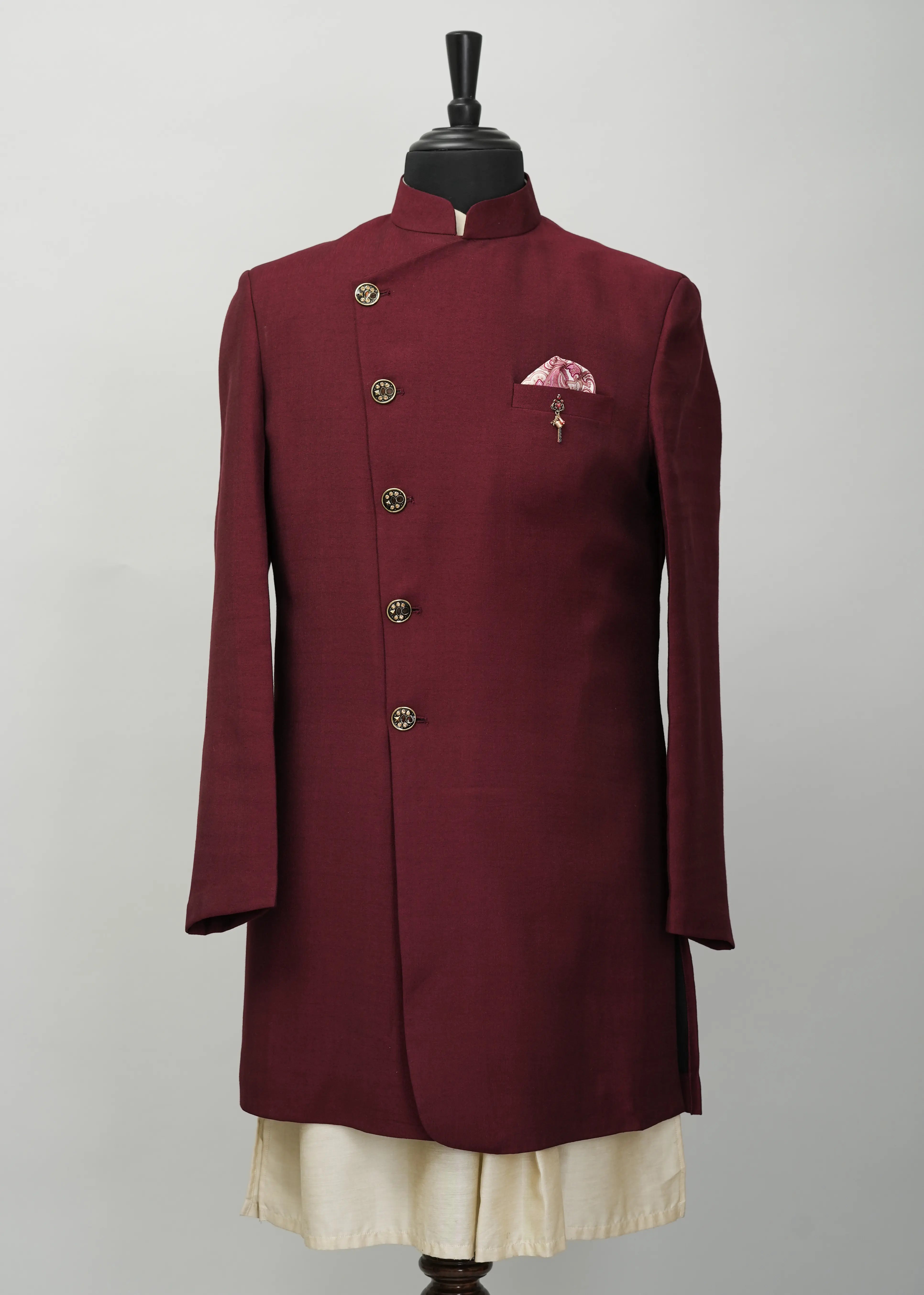 Brown Red Solid Plain Indowestern Suit