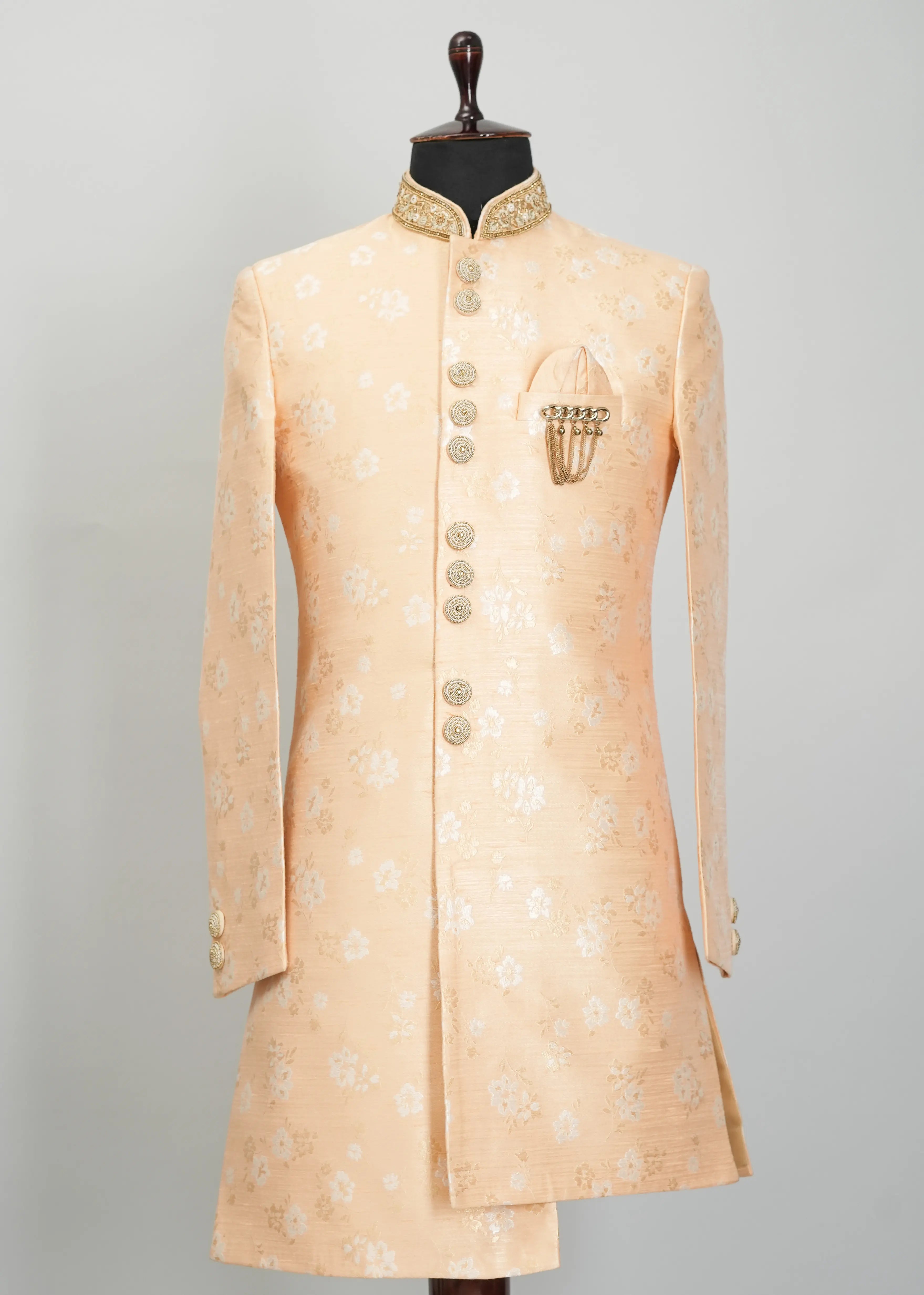 Peach Floral Embroidery Indowestern Suit