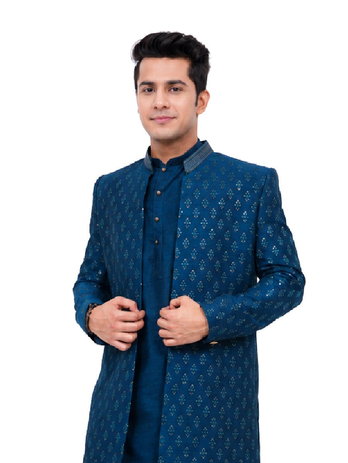 Blue kurta jacket set with gold motifs