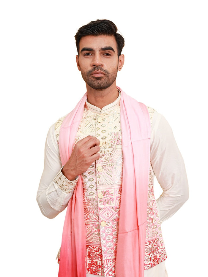 Ivory kurta pajama with embroidered jacket and pink dupatta