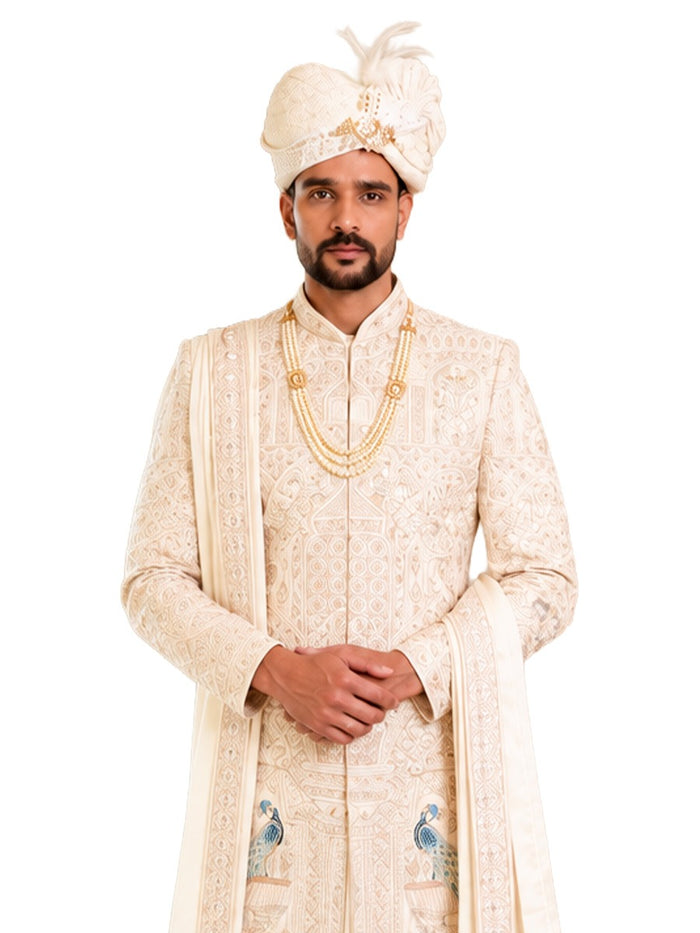 Cream embroidered sherwani with safa
