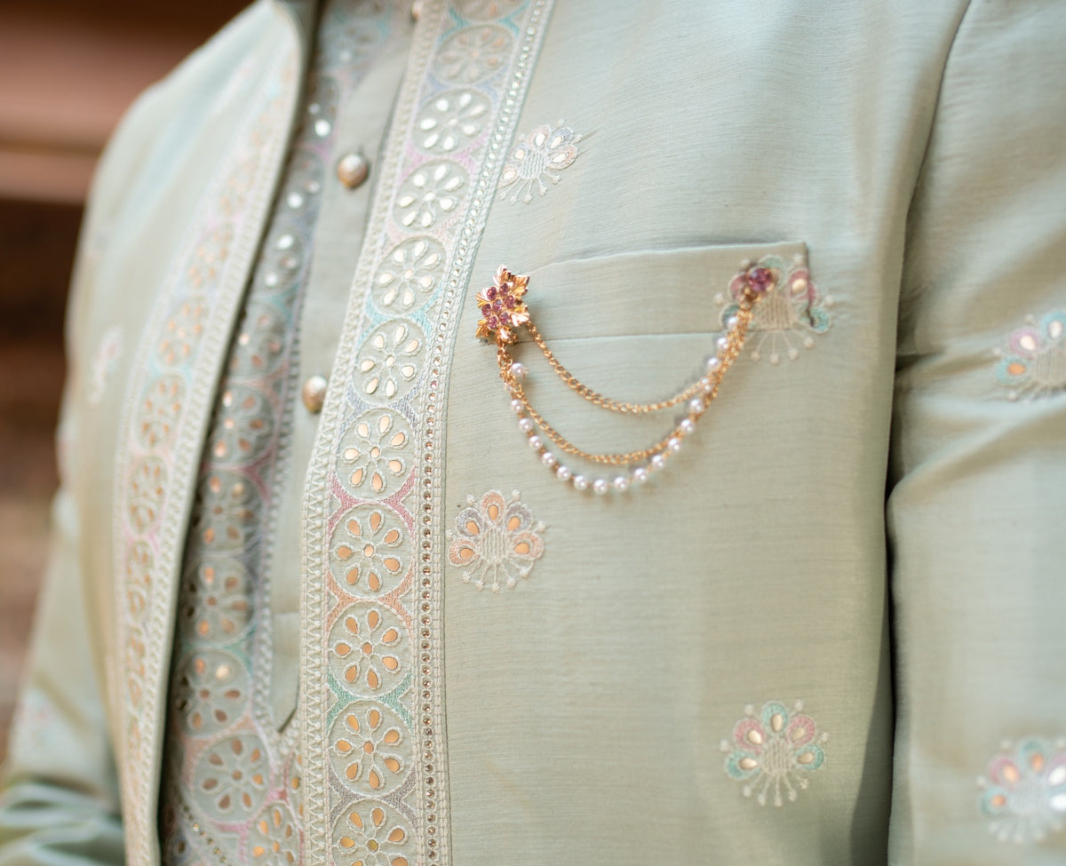 Mint embroidered bandhgala with brooch chain