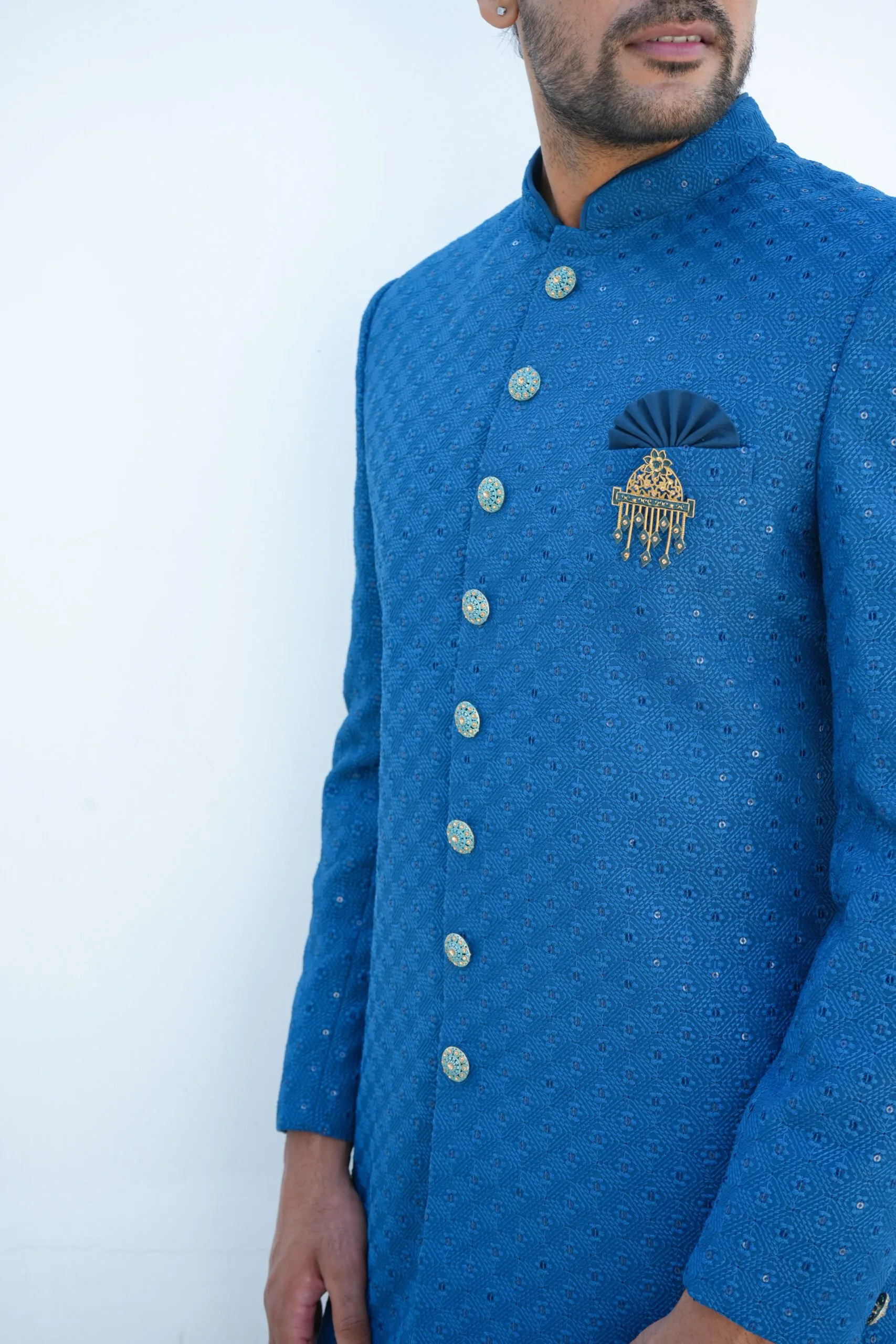 blue sherwani by sanjay textile
